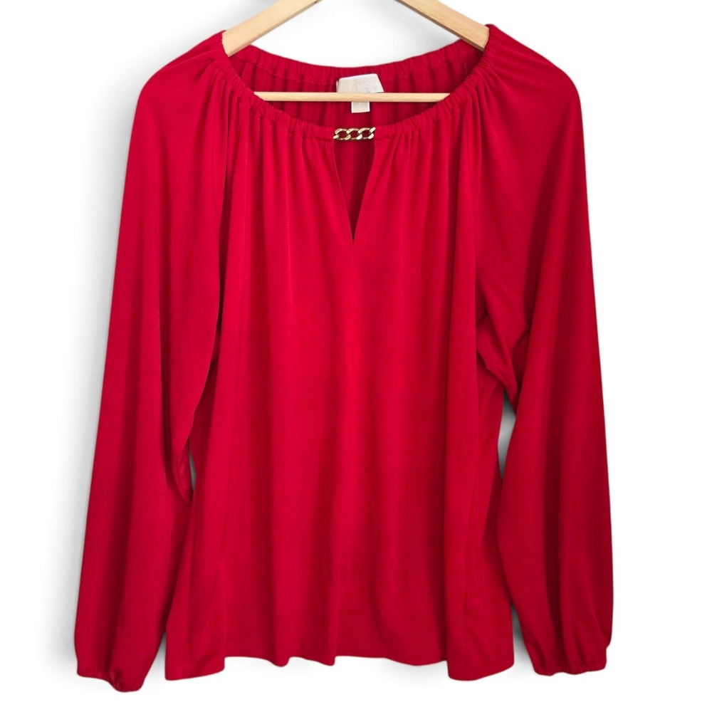 Michael Kors Womens Large Red Keyhole Gold Chain Link Accent Blouse Tunic Shirt